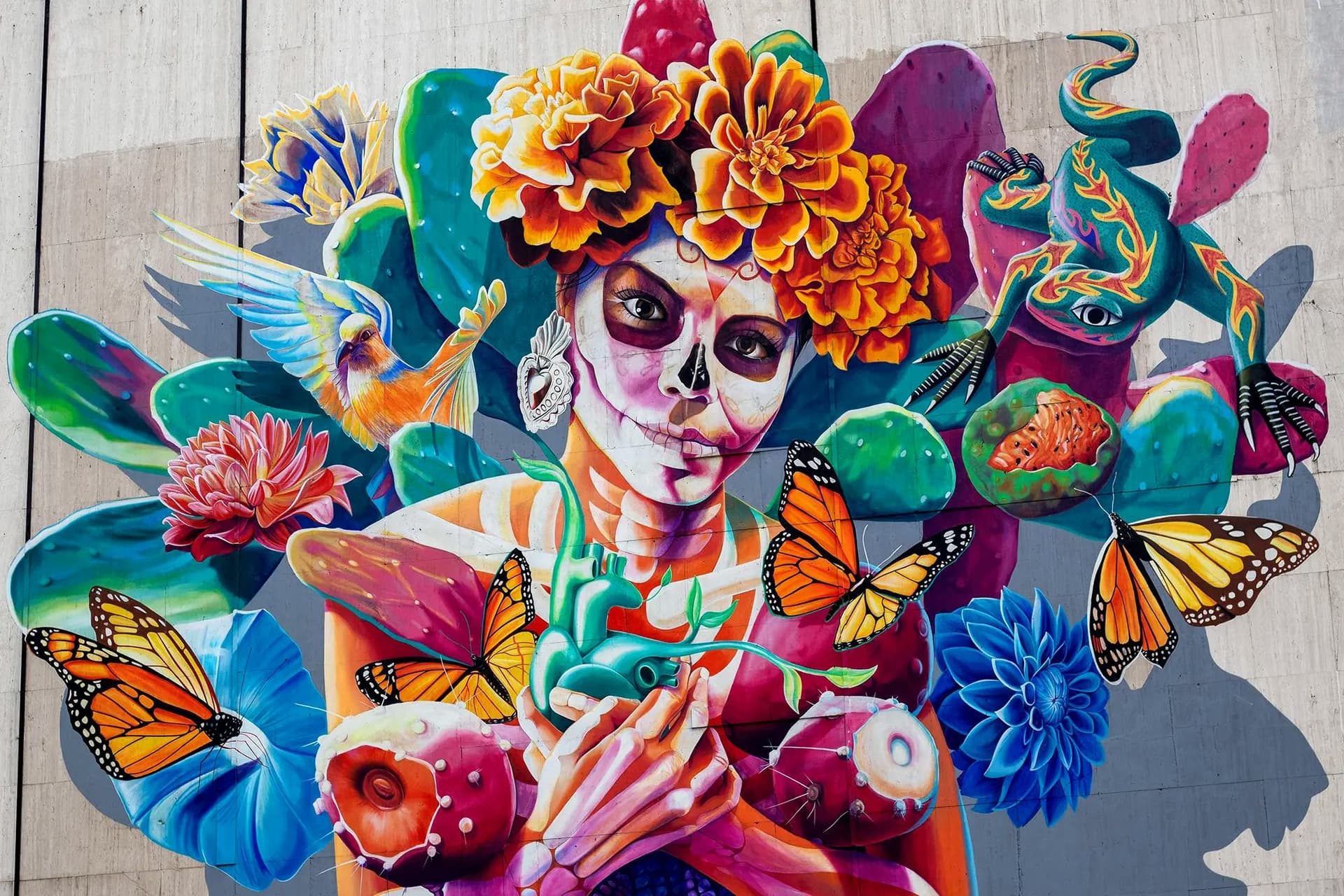 Murales colorato ispirato al Día de los Muertos in Messico, simbolo di cultura e tradizioni legate all’anno all’estero Messico.